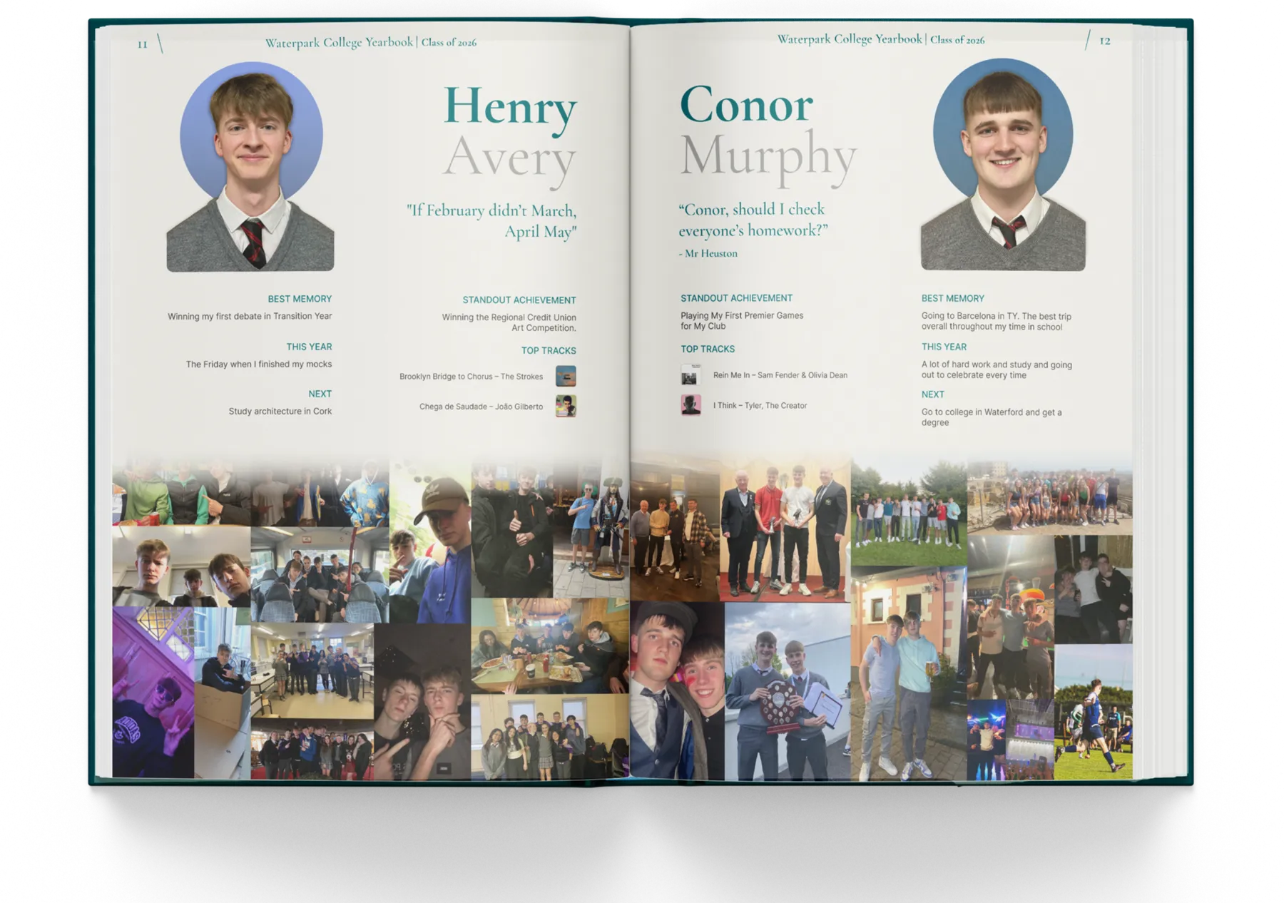 An open Waterpark College yearbook, two full student pages
