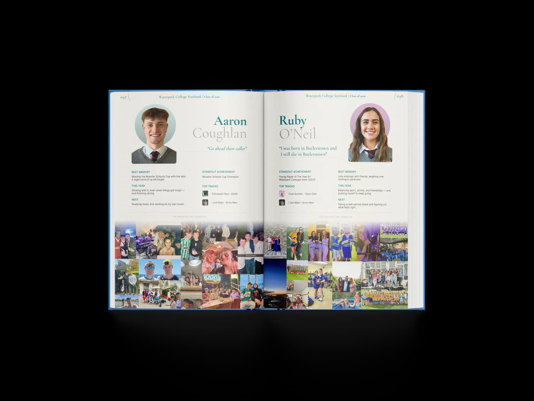 Signature layout — AerEthos yearbook open spread