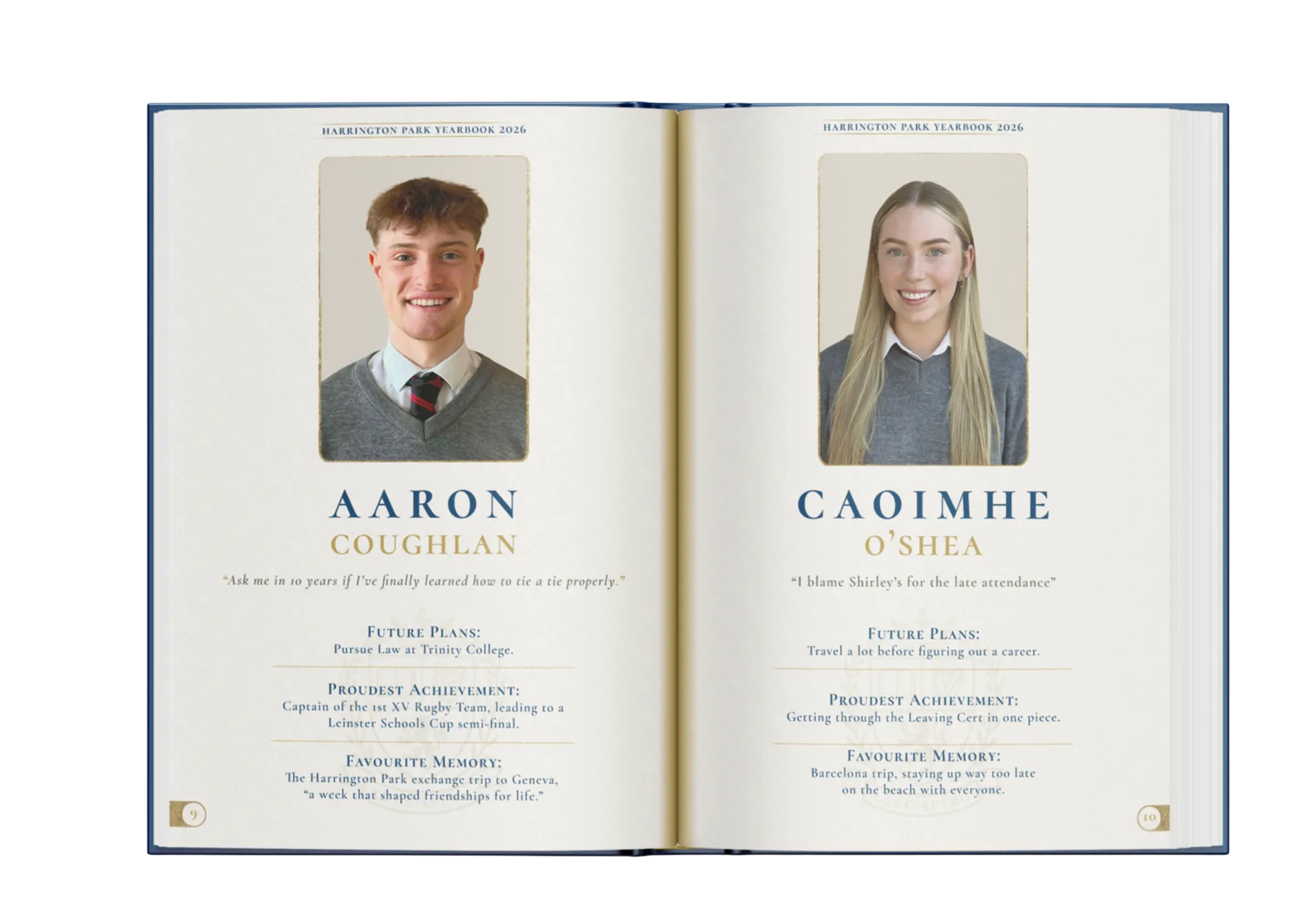 Classic layout — two students per spread, portrait, name and quote