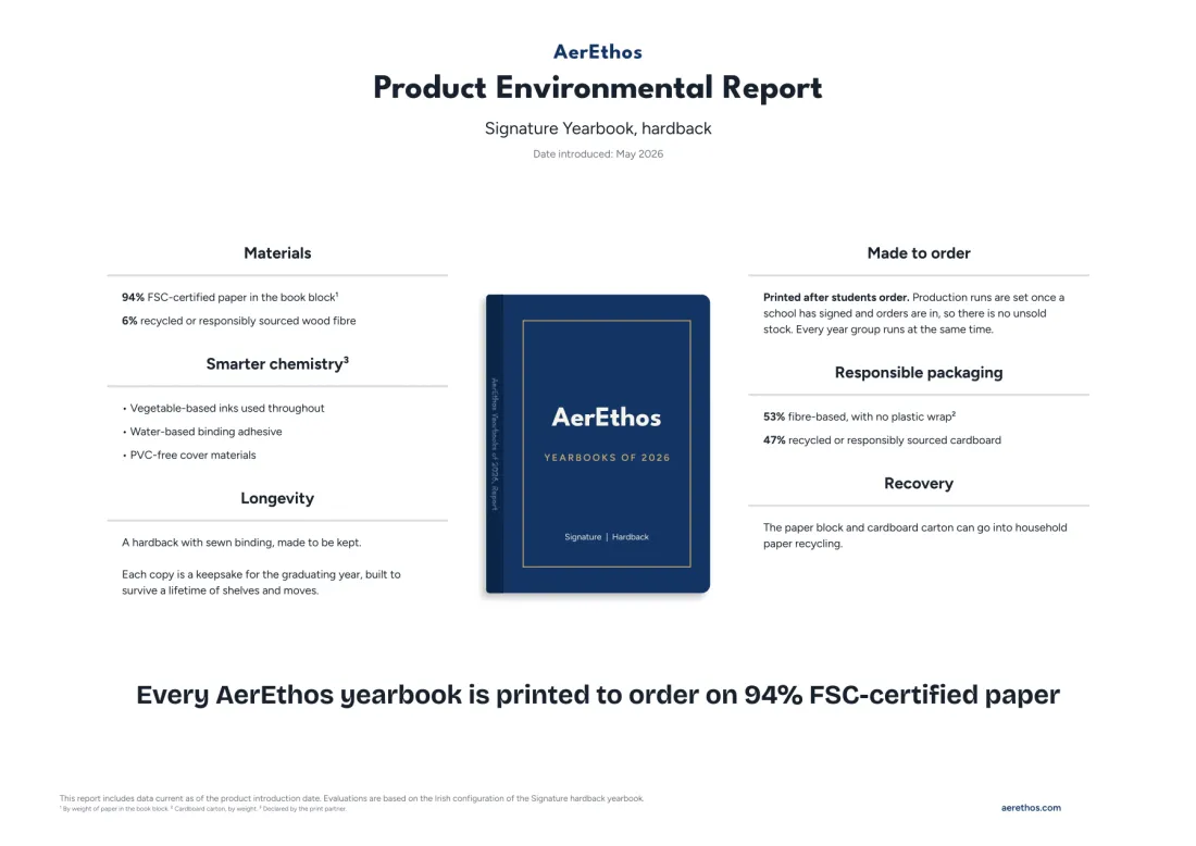 Signature hardback environmental report, page one