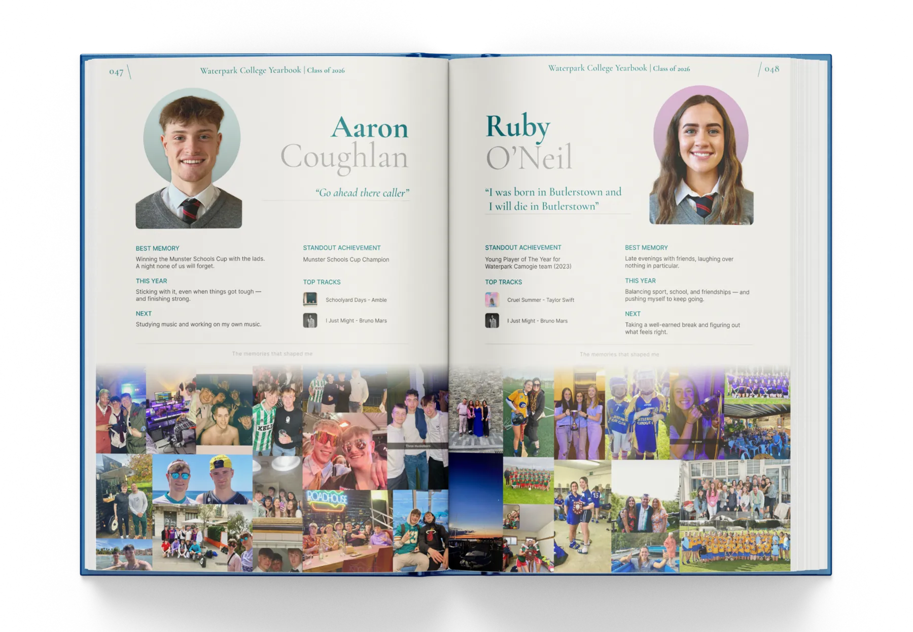 Signature layout — portrait, personal fields and a full-width photo collage