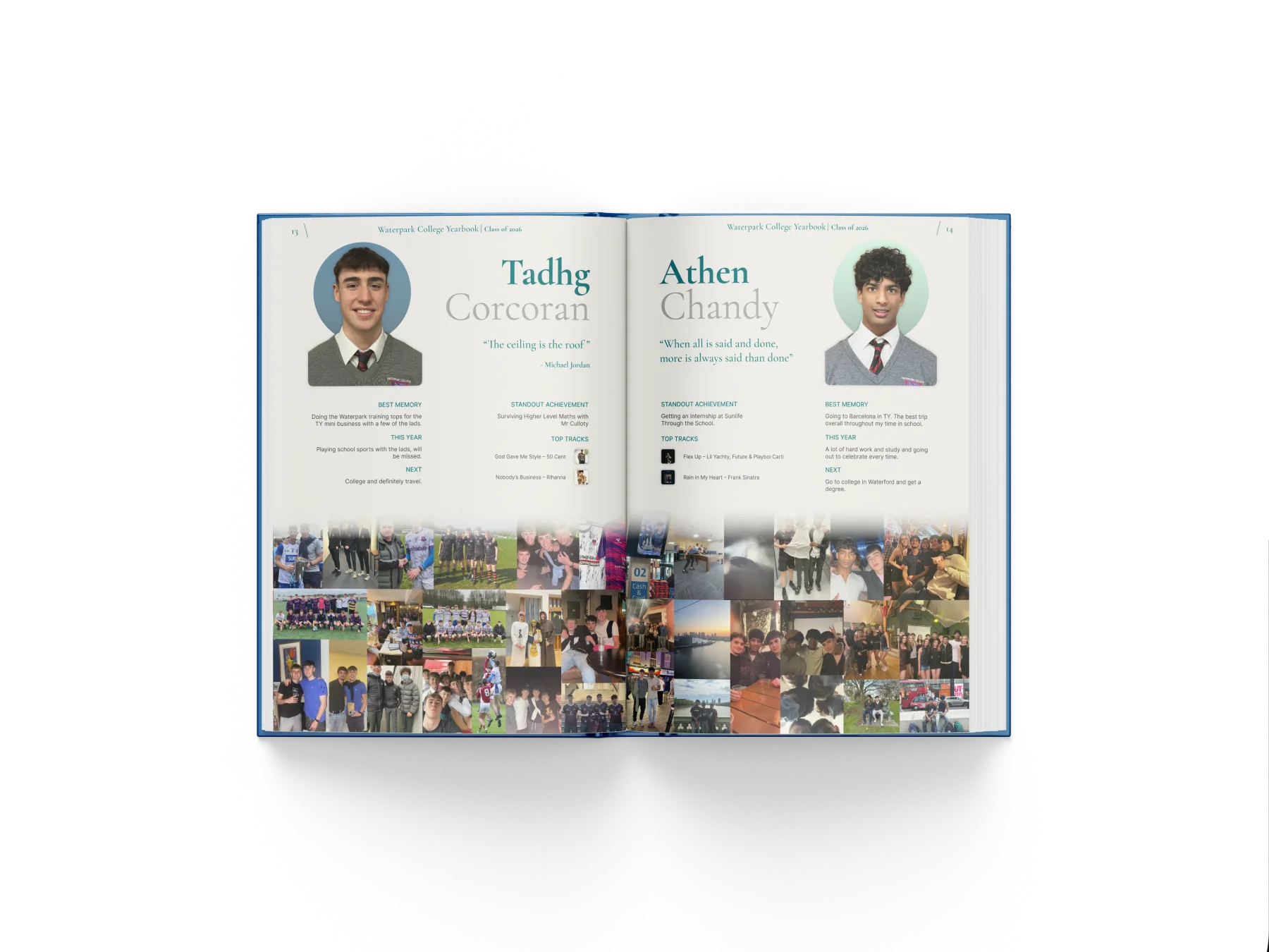 Real Waterpark College yearbook spread showing two student pages side by side